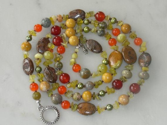 AUTUMN PALETTE-38inch long olive chunky necklace bold multi