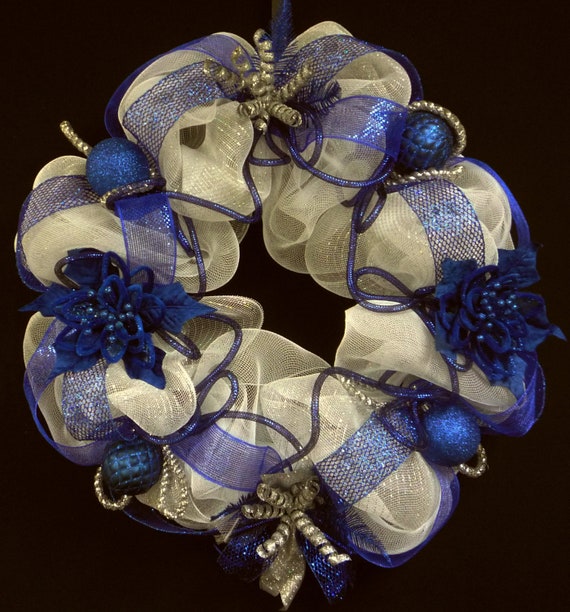 Christmas Wreath Royal Blue White Silver Wreath Poly Mesh