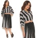 80s Secretary Dress Black White Op Art Stripes Geometric Graphic Print Tribal Pleated Midi Dress Hipster / Size L Large