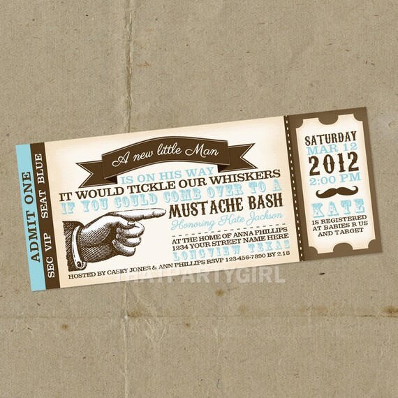 Vintage Inspired Mustache Bash Party Ticket Invitations DIY