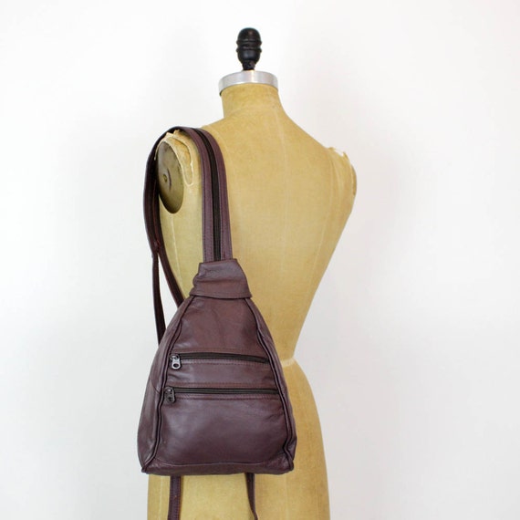 wine purple leather backpack  triangle zipper daypack