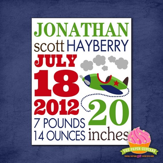 Custom Birth Announcement - Little Aviator Airplane Themed Birth Stats Wall Art Print - 11" x 14" Il_570xn