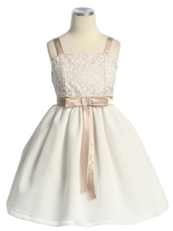 A taupe flower girl dress. Champagne satin by juliettaboutique