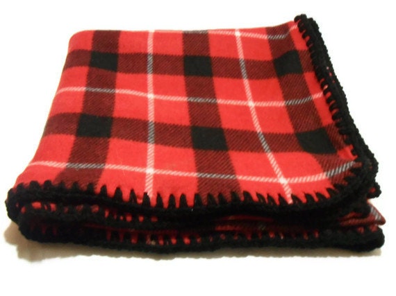 Red Plaid Fleece Throw Blanket with Black Crochet Edge