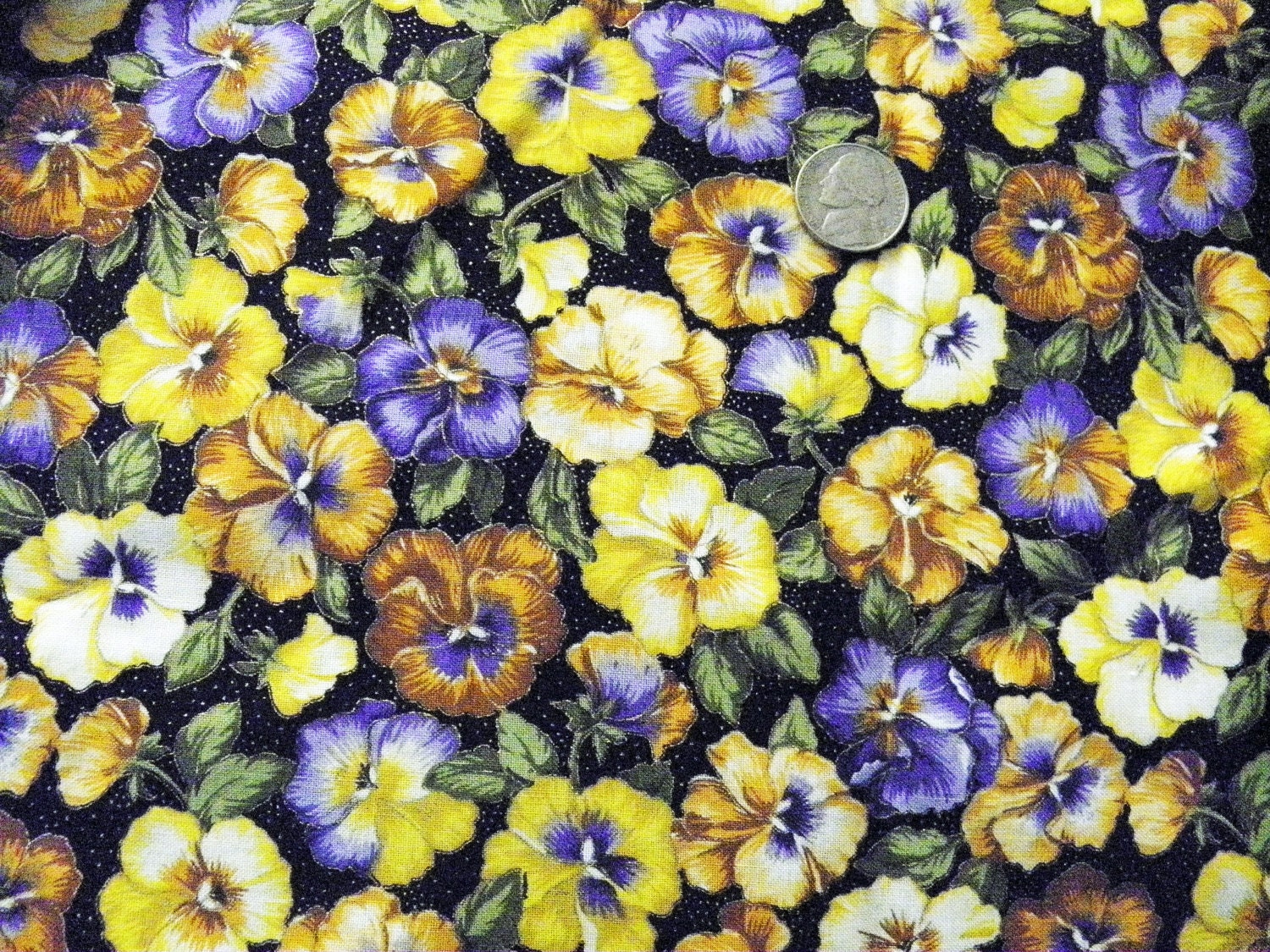 3.25 Yards Pansy Print Cotton Fabric Black Background Unused