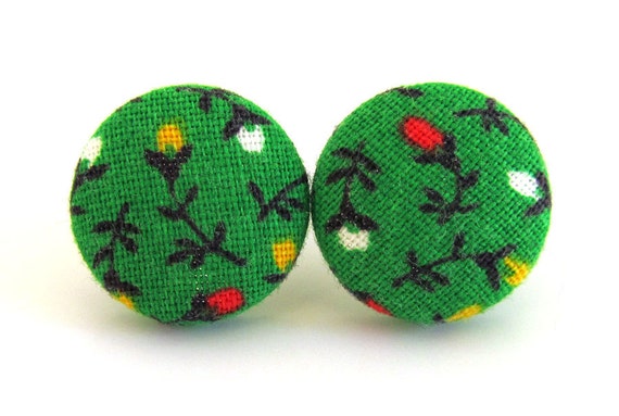 Green button earrings studs yellow red white flower by KooKooCraft