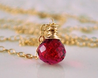 Simple Hot Pink Gemstone Necklace Semiprecious Fuchsia Quartz Dark Raspberry Luxe AAA Onion Gold Jewelry Complimentary Shipping