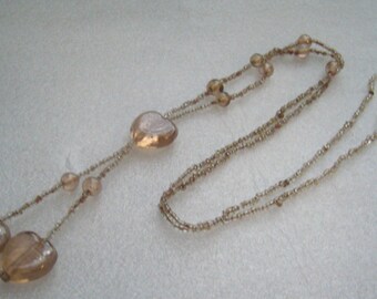 Vintage old antique pink glass hearts and tiny beads flapper necklace