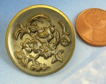 Antique Victorian Button Floral 1 Inch Large Brass Metal Button 148