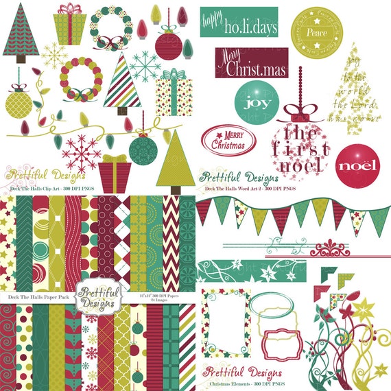 50% OFF SALE Christmas Digital Scrapbook Kit with Papers, Frames, and Clip Art - Deck The Halls Kit 1 (406) (416) (413) (366) Il_570xn