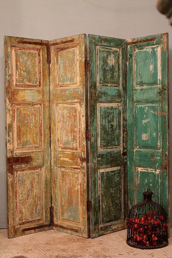 FREE SHIPPING Antique Multi-Color Indian Four Panel Screen