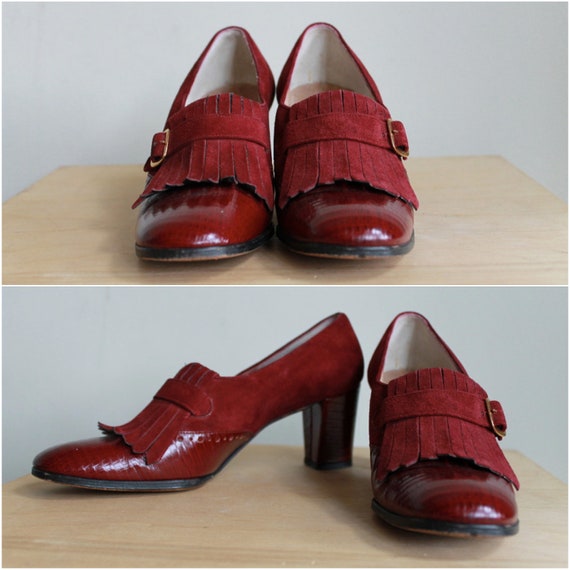 60s Buckle And Tassel Pumps / Burgundy Suede And Alligator