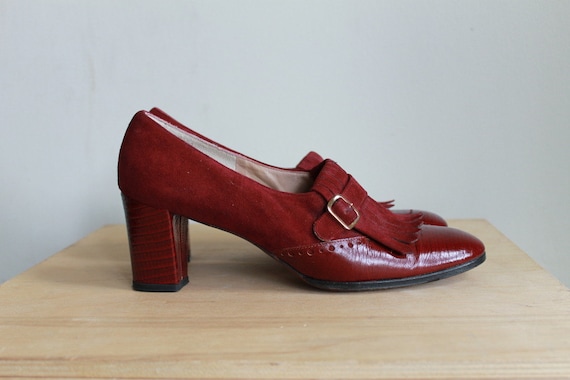 60s Buckle And Tassel Pumps / Burgundy Suede And Alligator