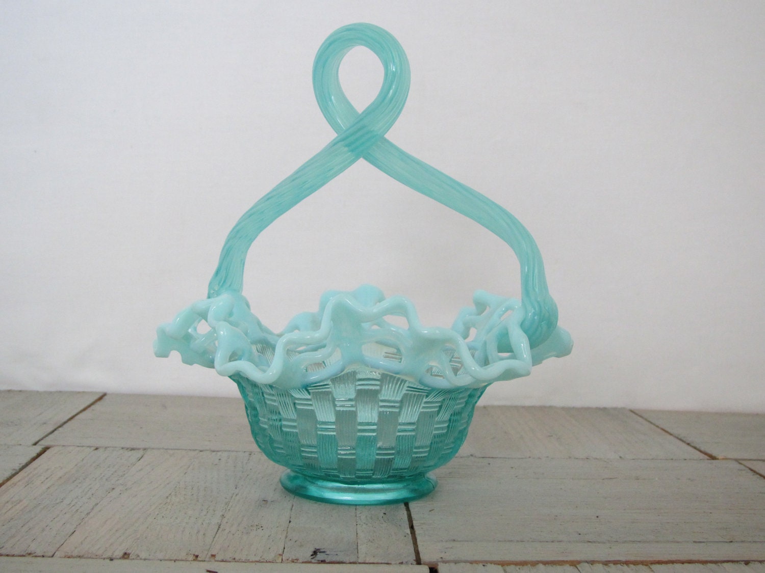 Vintage Fenton glass basket weave dish / aqua blue/ lacy