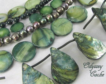 Dark Green Teal Mixed Shell Beads, Glass Beads and Freshwater Pearl 