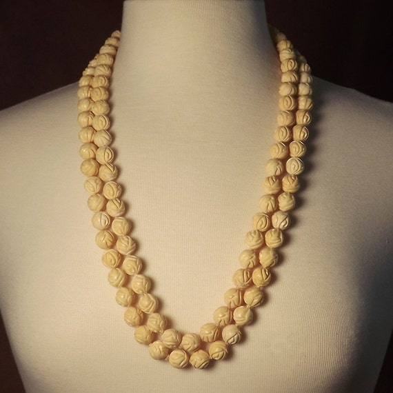 Faux Ivory Necklace Carved Rose Beads Vintage Mid by 4dollsintime