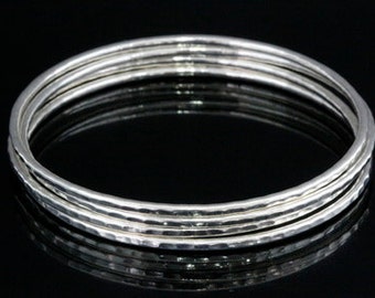 Sil-B-004 Handmade 4 round wire hammer sterling silver stacking bangles