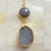 Gold Edge Icy Gray Druzy Pendant with a Blue Flash Labradorite Vermeil Bezel Connector on Gold Chain Necklace
