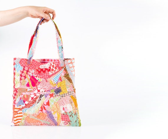 Tote Shoulder Bag Crazy Patchwork Recycled Colorful Cotton