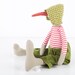 plush Bird Doll - Beige duck Wearing White and red stripes Shirt , Olive Green corduroy pants and dotted green hat - timo handmade