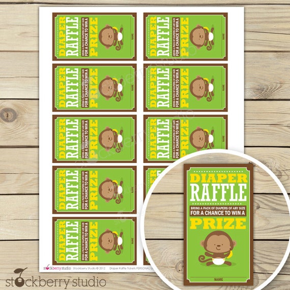 Monkey Diaper Raffle Tickets - Instant Download - Green and Yellow Baby Shower Raffle Ticket Il_570xn