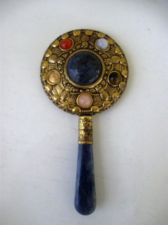 Vintage small Gemstone hand held mirror
