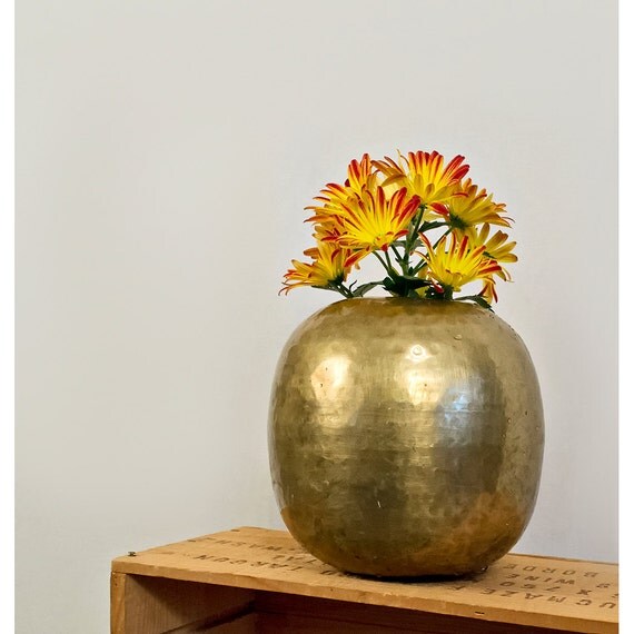 Vintage Hammered Brass Vase / Large Oval Indian Brass Vase