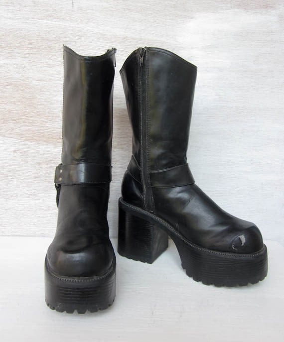 vintage PLATFORM black zip up tall boots grunge goth with side