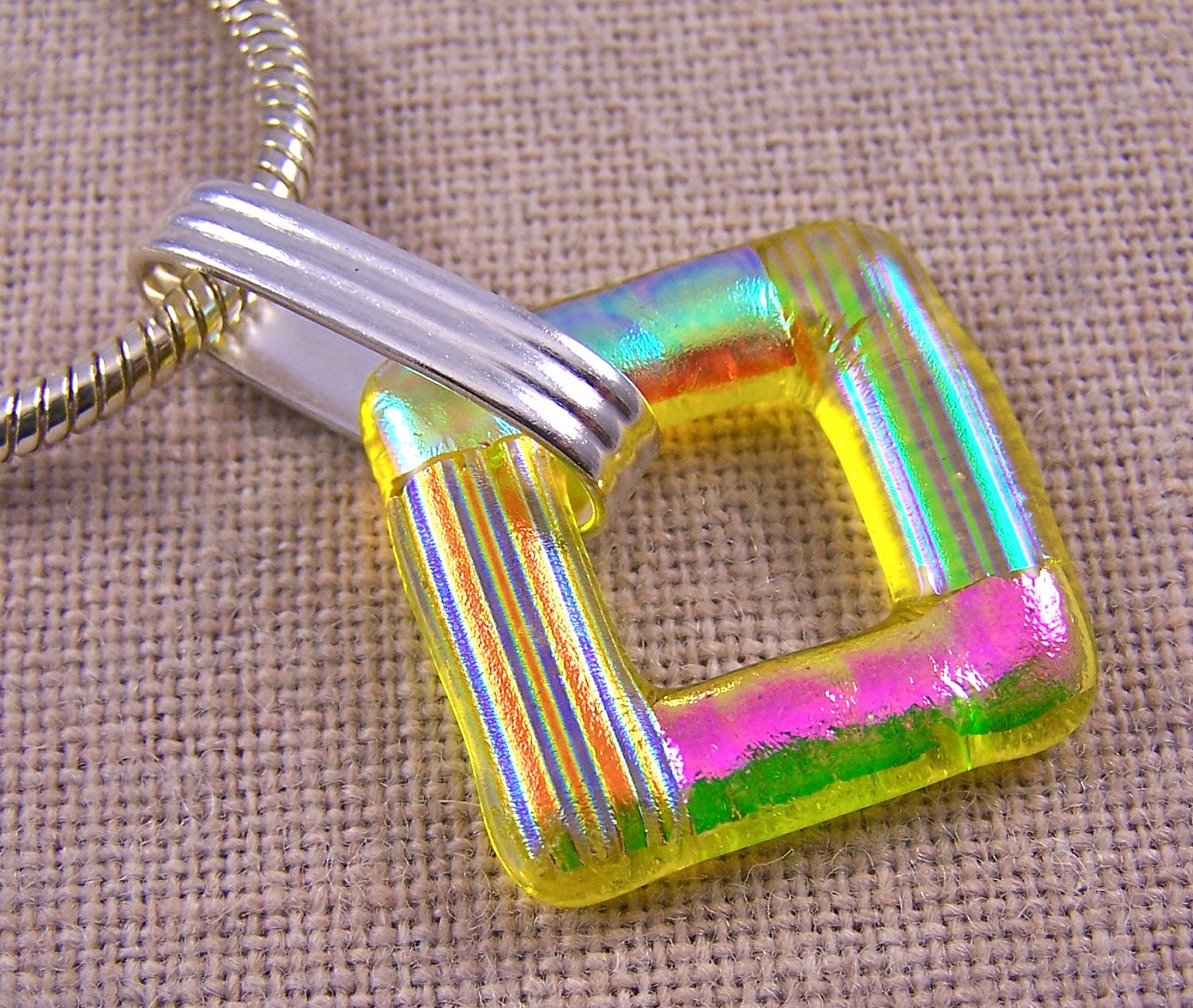 Dichroic Glass Pendant & Eyeglass Holder Loop Yellow w Green