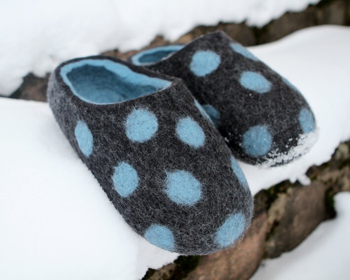 Made to order. Hand Felted Slippers in Dark Gray with Light