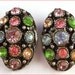 Vintage Antiqued Silver Tone Multi-Colored Rhinestone Earrings Pink Blue Green