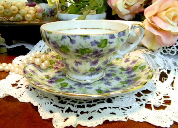 Tea on Lefton tea Teacup material  Chintz   and Made in Cup  cup Violets Footed Saucer vintage