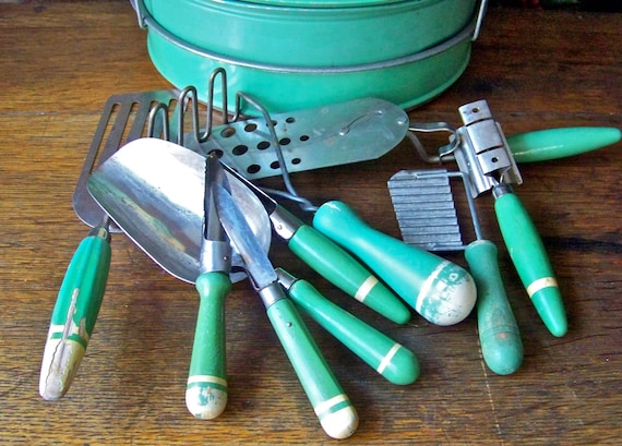 Vintage Kitchen Utensils Green Wood Handles