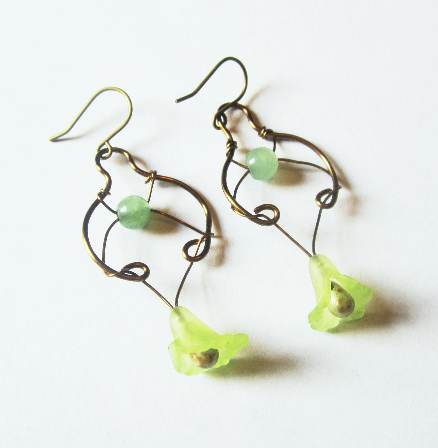Bohemian Earrings Green and Antique brass Lucite by DistortedEarth