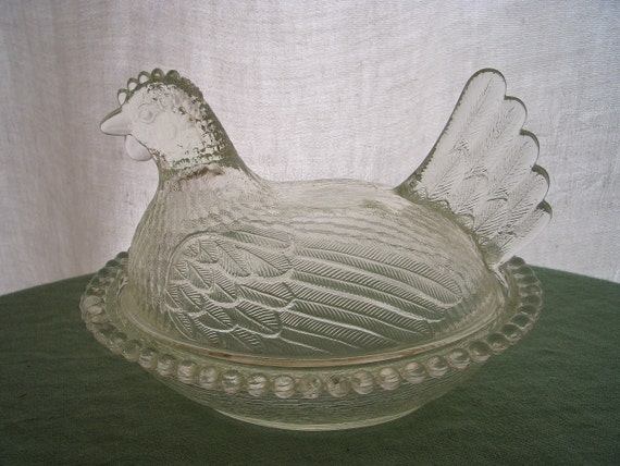 Vintage Glass Hen on Nest Dish Clear