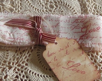 Hand Cut, Fringed and Stamped Muslin Ribbon Love Script