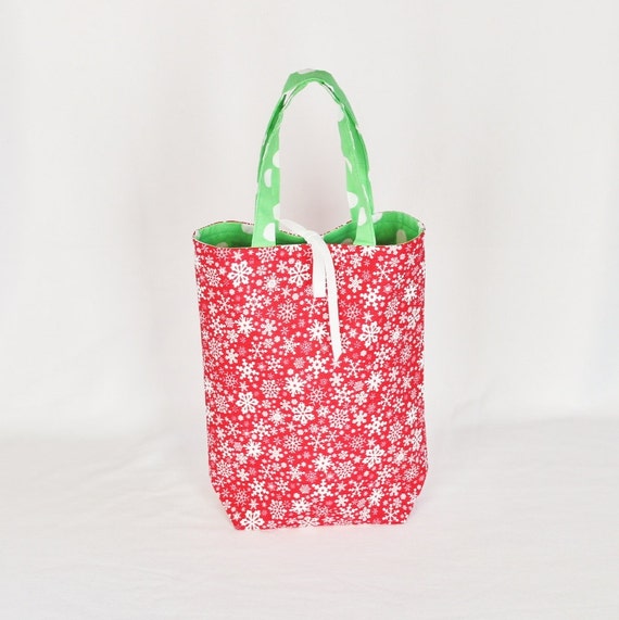 Fabric Gift Bag with Handles Medium - White Snowflakes on Red