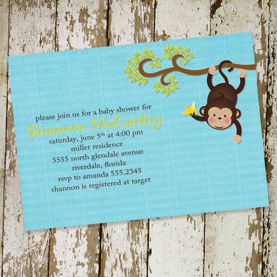 Items similar to monkey baby shower invitations with hanging monkey