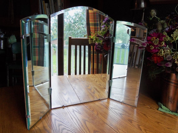 Vintage Tri Fold Three Way Mirror Table Top Or Hanging Beveled