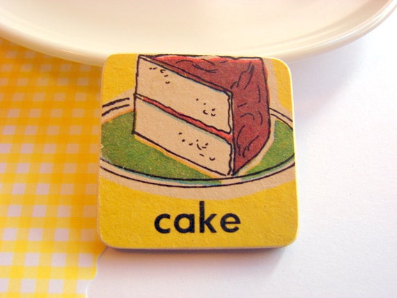 Cake Pin  Medium Paper and Wood Decoupage Brooch  by mimiandlucy