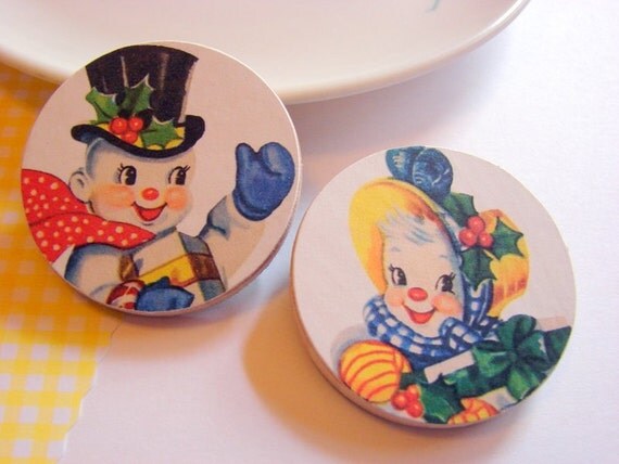 Christmas Wood Pin Set  Mr and Mrs Snowcouple  by mimiandlucy