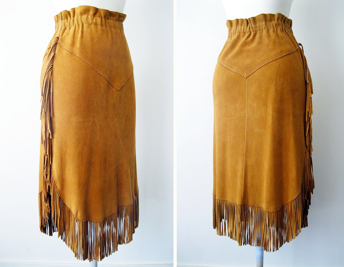 vtg Western BUCKSKIN FRINGE SKIRT Suede Native Cowgirl S