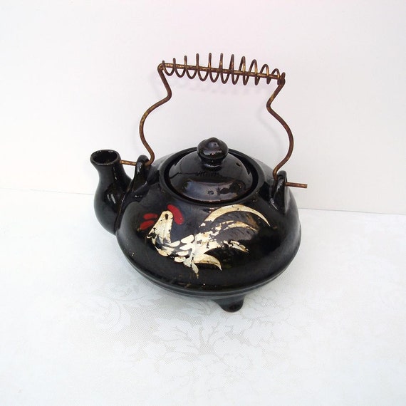 Vintage Brown Teapot Hand painted Rooster Japan Tea Pot Mini