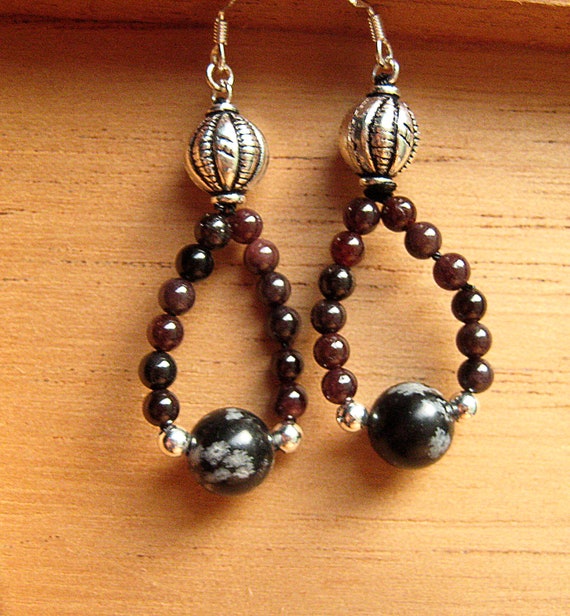 Obsidian garnet sterling silver drop one of a kind earrings