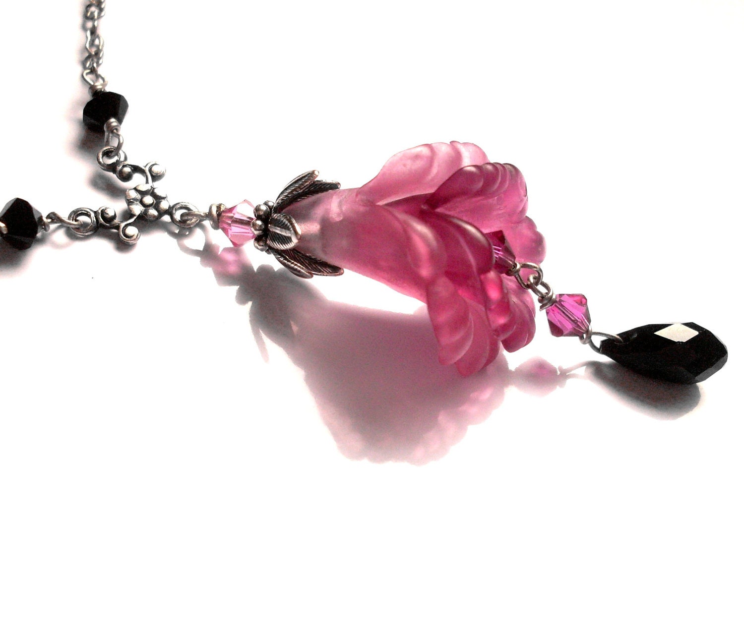 Pink Lucite Flower Necklace Pink Burgundy Layered Flower