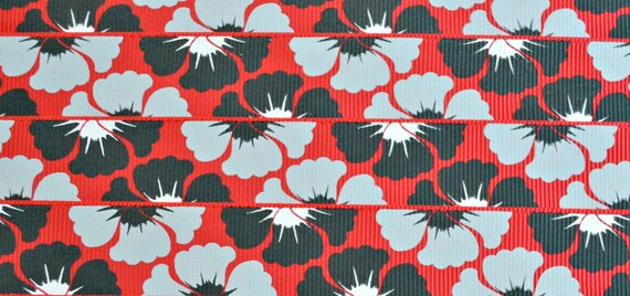 Gorgeous black & grey tropical flowers printed on red 7/8" grosgrain ribbon Il_570xn