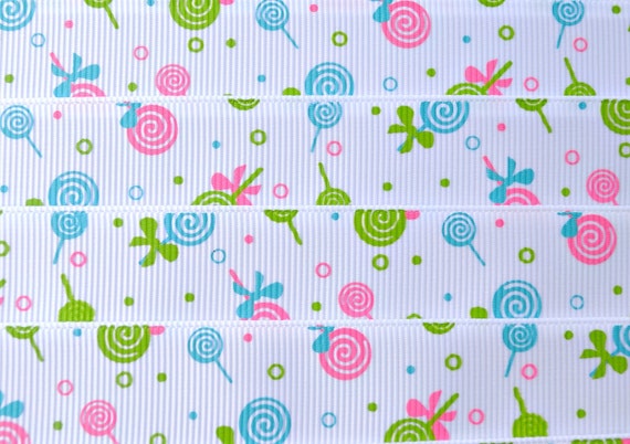 Candyland lollipops on white 7/8" grosgrain ribbon Il_570xn