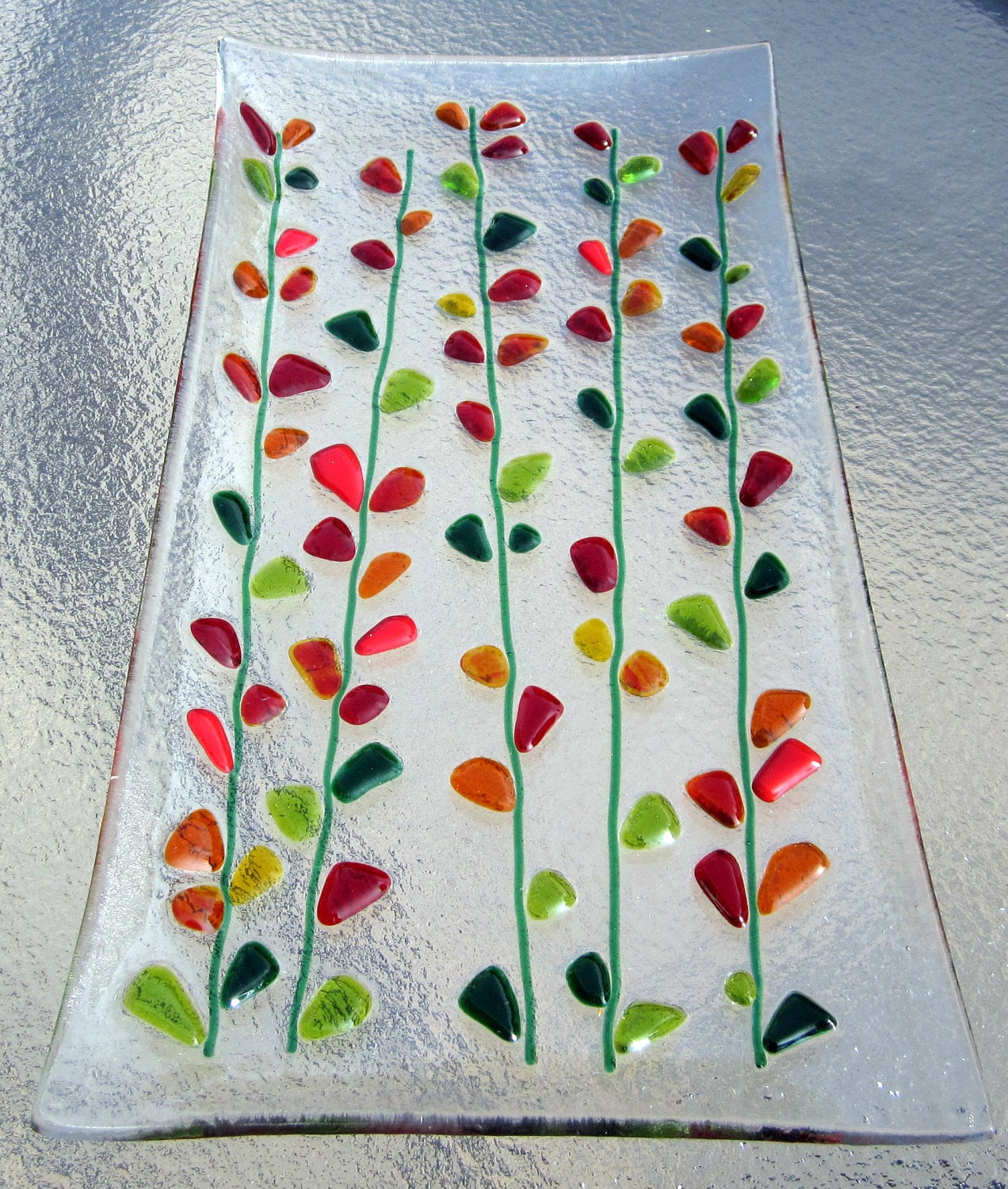 Fused Glass Platter Blooming Branches in Red Orange and