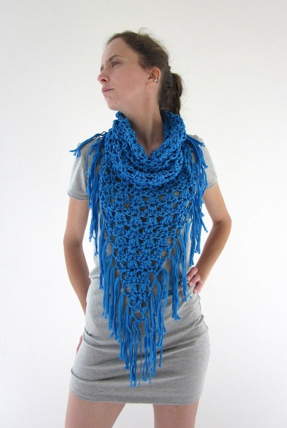 Crochet fringe cowl neck scarf in electric blue