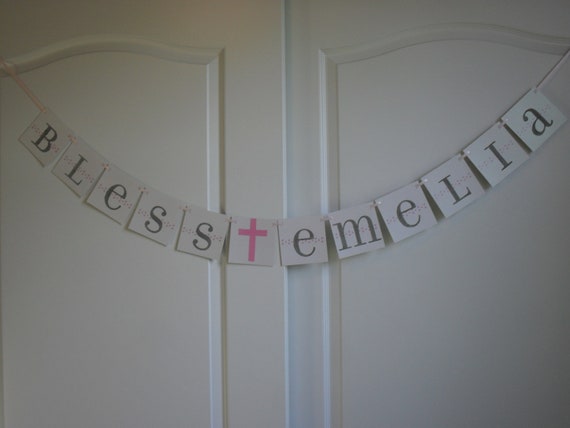 Baptism banner BLESS with your child's name in PINK - First Communion/Baby Shower/Christening - Custom colors available Il_570xn